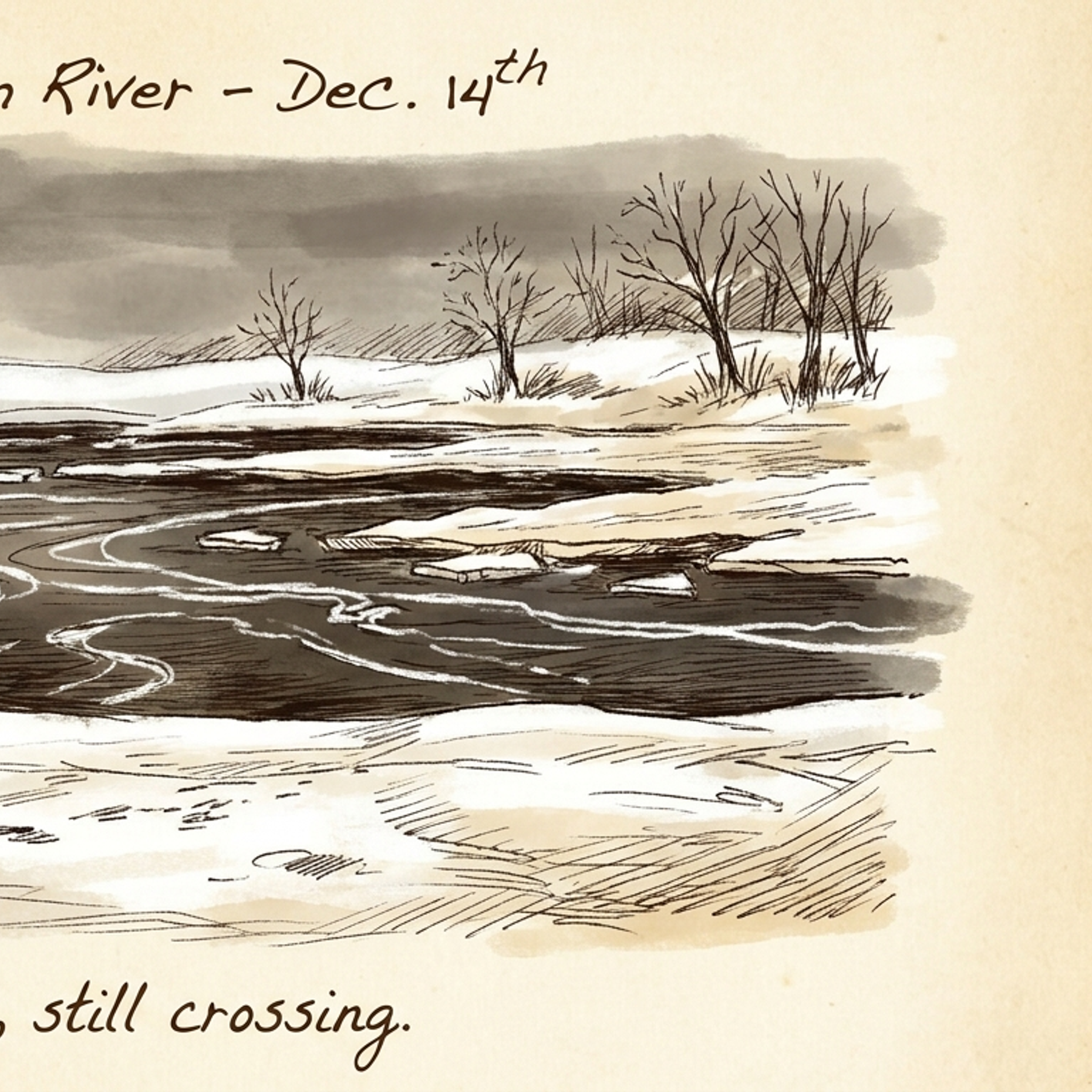 The half-frozen river bank